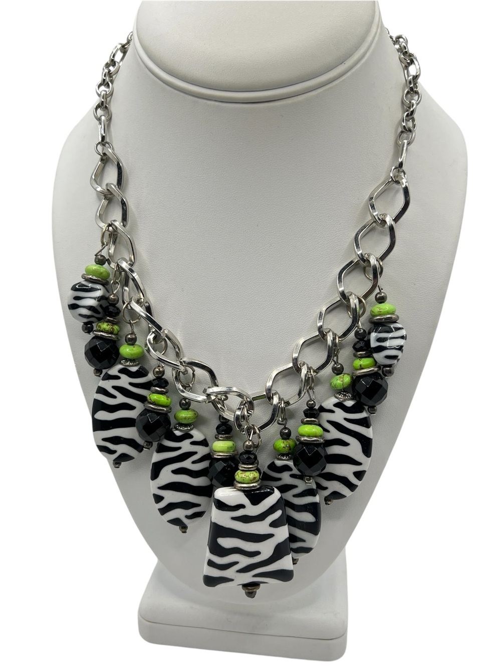Statement Zebra Print Pendant Necklace with Lime Accents